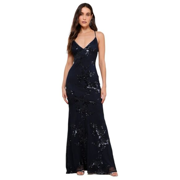 Lulus Valhalla Maxi Dress Womens L Blue Sequin Lace Up Elegant Formal Prom NWT - Picture 1 of 10